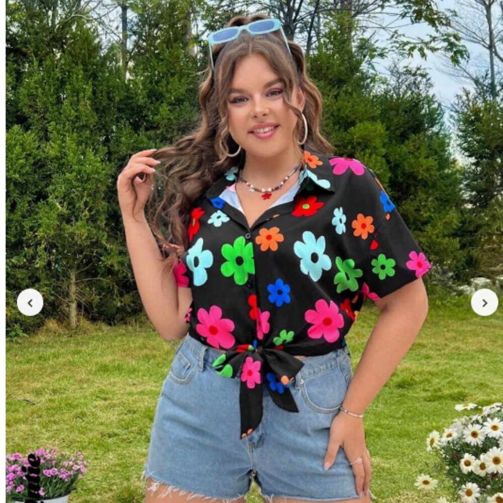 New SHEIN Qutie Plus Size Cute Summer Tops Floral Printed Tie Front Short Sleeve